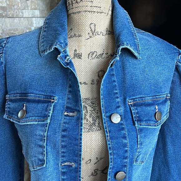 tgla puff long sleeve blue denim jacket shirt cropped raw hem stretch - Picture 6 of 16